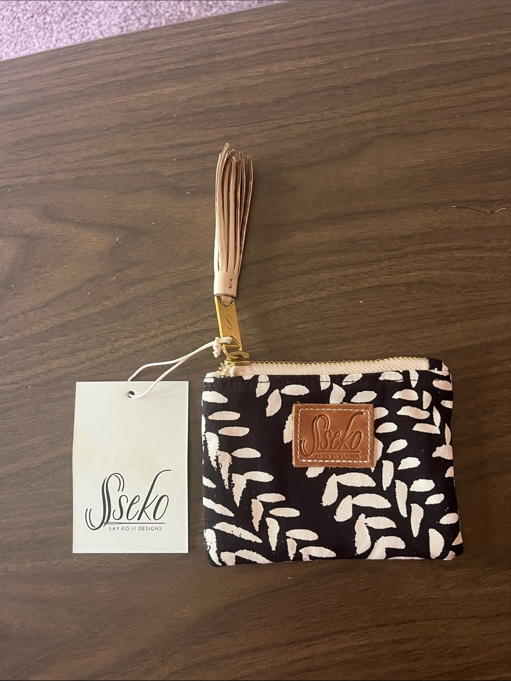 Sseko Black and Cream Patterned Coin Pouch with Tassel
